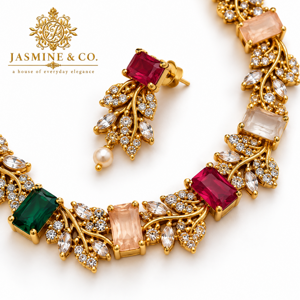 Close-up detail of AD multi-color gold-plated necklace set