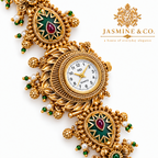 Jasmine & Co. Heritage Watch 03 – Gold-Plated Floral Green Enamel Bracelet Watch – detail close-up