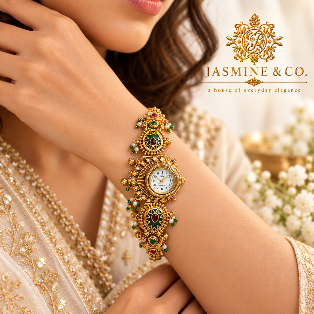 Jasmine & Co. Heritage Watch 03 – Gold-Plated Floral Green Enamel Bracelet Watch – model wearing on wrist