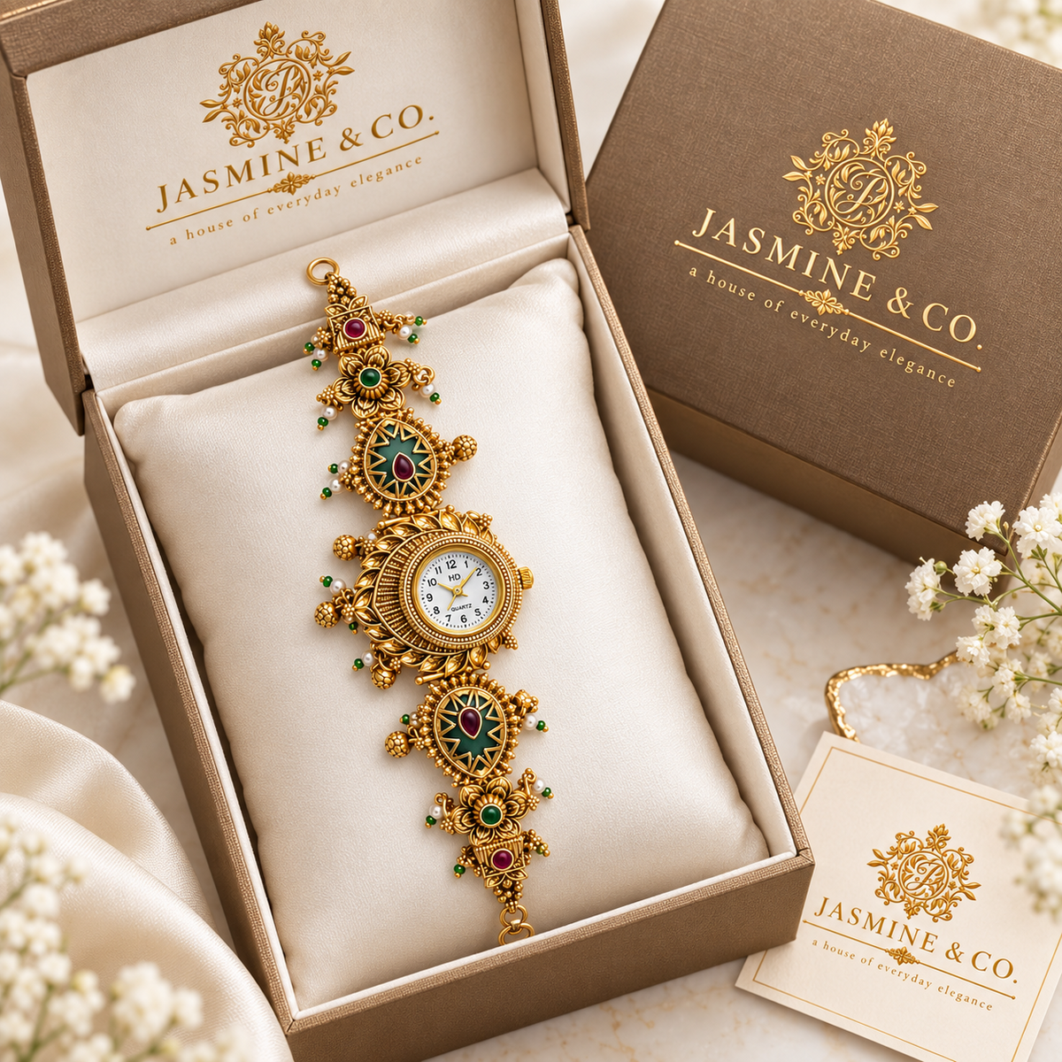 Jasmine & Co. Heritage Watch 03 – Gold-Plated Floral Green Enamel Bracelet Watch – gift packaging