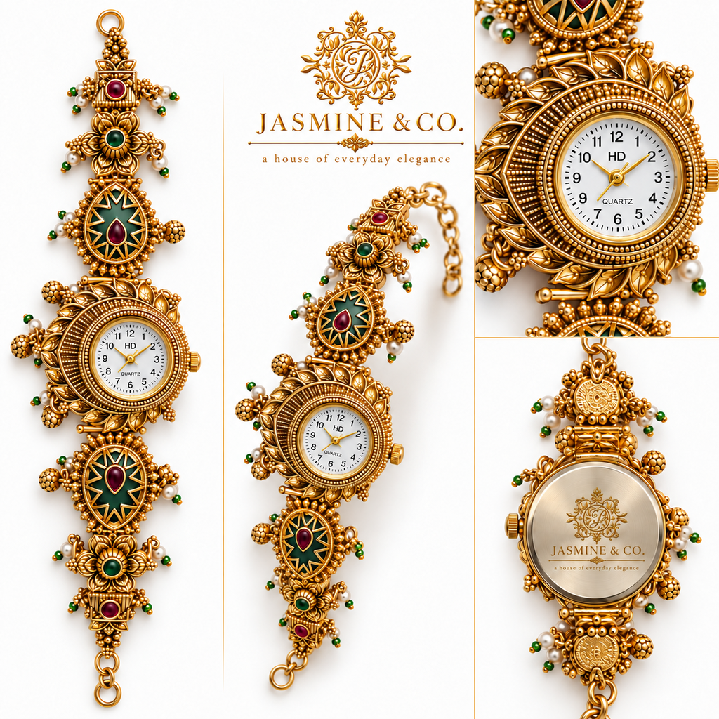 Jasmine & Co. Heritage Watch 03 – Gold-Plated Floral Green Enamel Bracelet Watch – multi-angle views