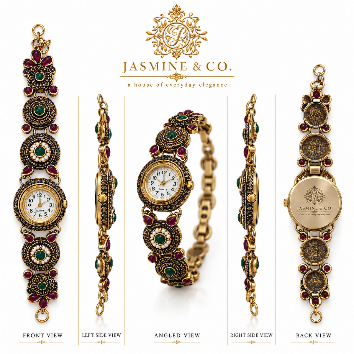 Jasmine & Co. Heritage Watch 07 multi-angle front and back views