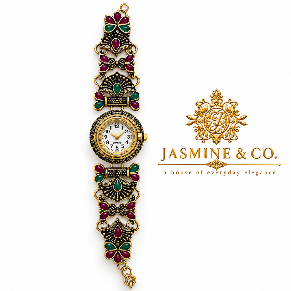 Jasmine & Co. Heritage Watch 10 – Antique Gold-Plated Floral Stone Bracelet Watch – front product
