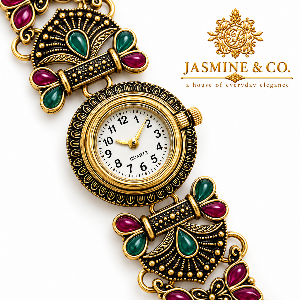 Jasmine & Co. Heritage Watch 10 – Antique Gold-Plated Floral Stone Bracelet Watch – detail close-up