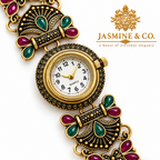 Jasmine & Co. Heritage Watch 10 – Antique Gold-Plated Floral Stone Bracelet Watch – detail close-up