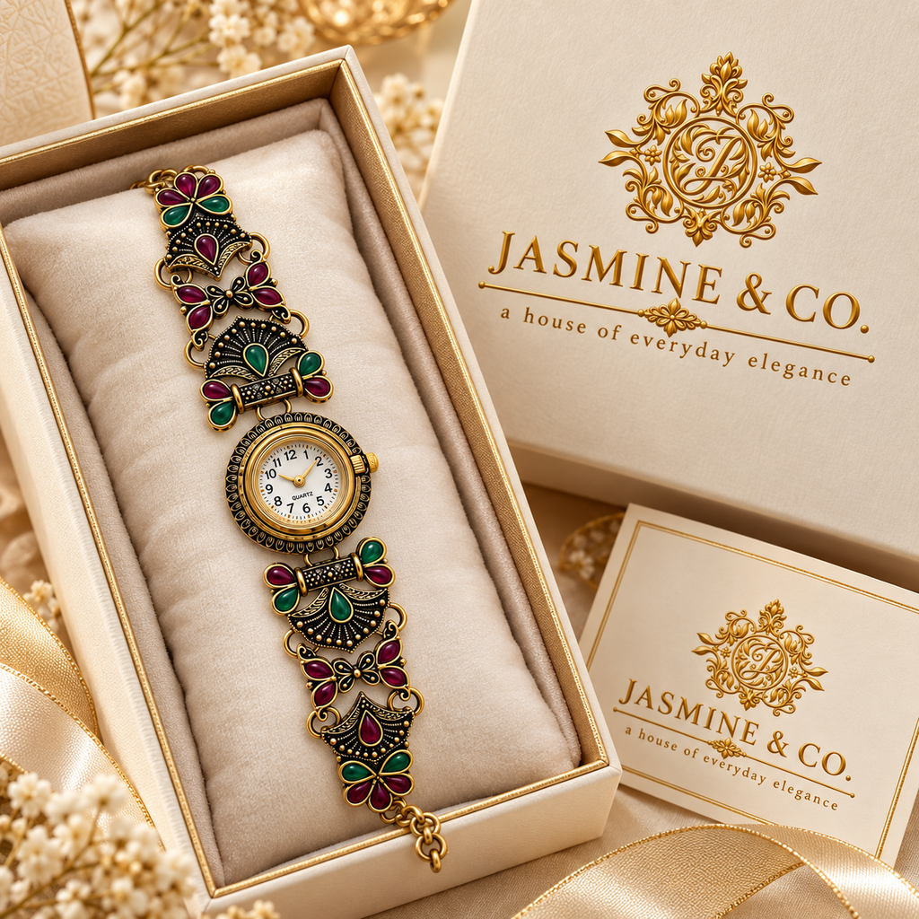 Jasmine & Co. Heritage Watch 10 – Antique Gold-Plated Floral Stone Bracelet Watch – model wearing on wrist