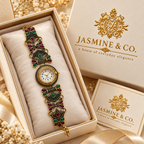 Jasmine & Co. Heritage Watch 10 – Antique Gold-Plated Floral Stone Bracelet Watch – model wearing on wrist