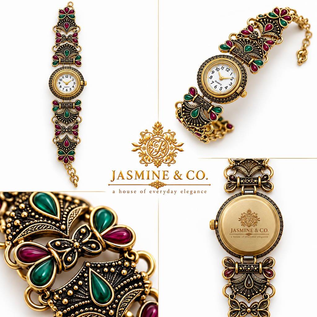 Jasmine & Co. Heritage Watch 10 – Antique Gold-Plated Floral Stone Bracelet Watch – gift packaging