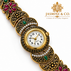 Jasmine & Co. Heritage Watch 11 – Antique Gold-Plated Crystal Floral Bracelet Watch – detail close-up