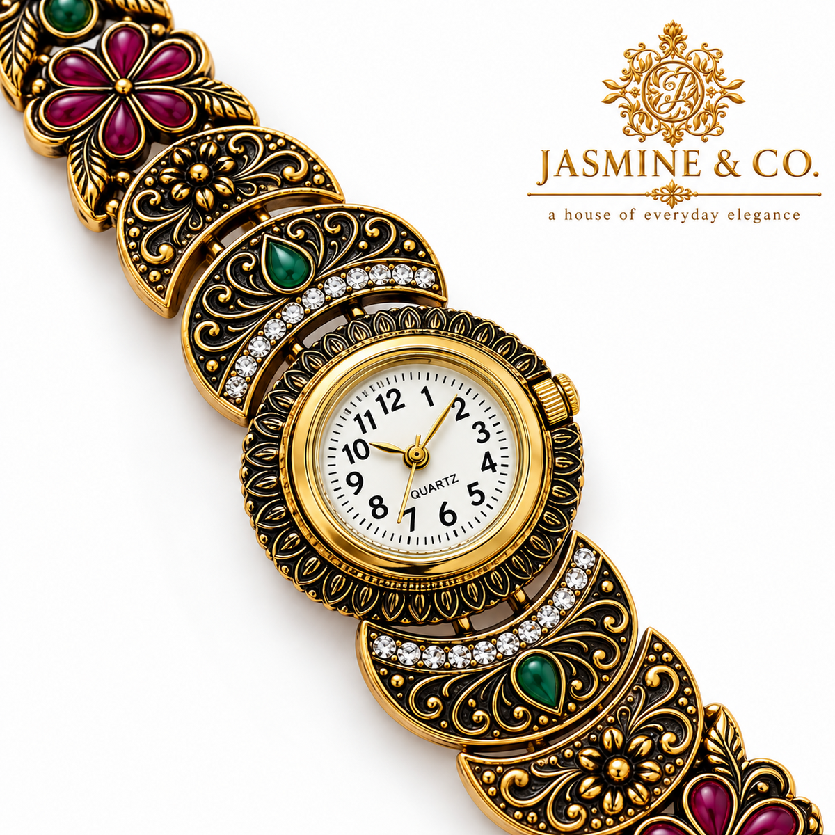 Jasmine & Co. Heritage Watch 11 – Antique Gold-Plated Crystal Floral Bracelet Watch – detail close-up