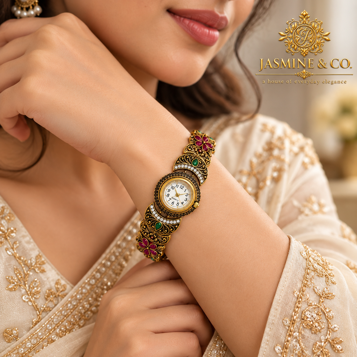 Jasmine & Co. Heritage Watch 11 – Antique Gold-Plated Crystal Floral Bracelet Watch – model wearing on wrist