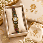 Jasmine & Co. Heritage Watch 11 – Antique Gold-Plated Crystal Floral Bracelet Watch – gift packaging
