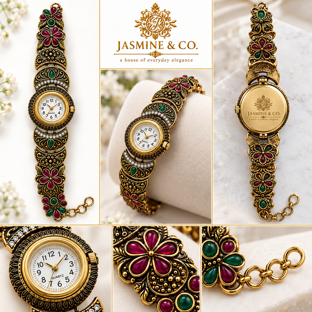Jasmine & Co. Heritage Watch 11 – Antique Gold-Plated Crystal Floral Bracelet Watch – multi-angle views