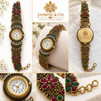 Jasmine & Co. Heritage Watch 11 – Antique Gold-Plated Crystal Floral Bracelet Watch – multi-angle views