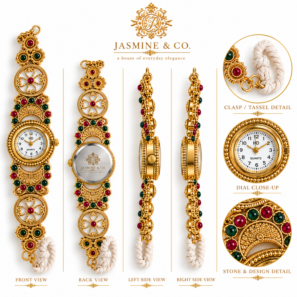 Jasmine & Co. Heritage Watch 14 multi-angle front and back views