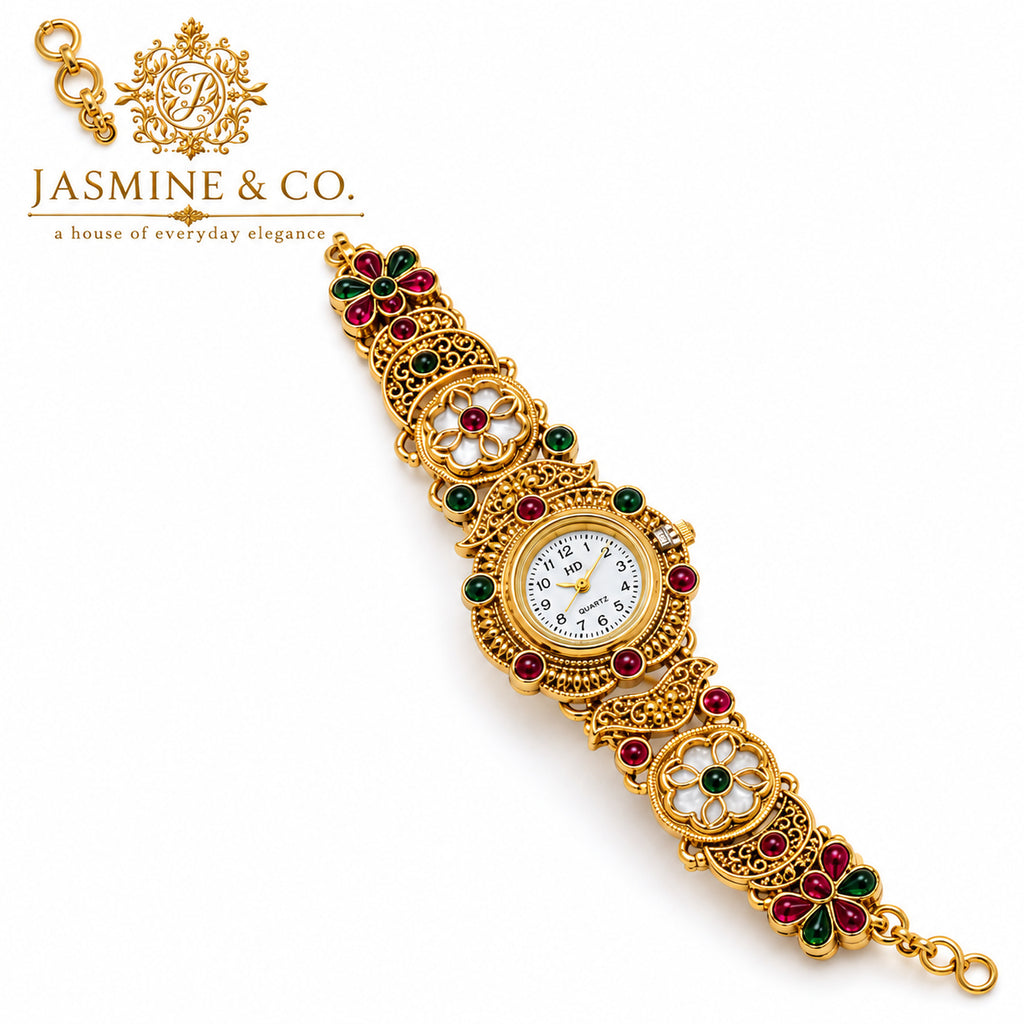 Jasmine & Co. Heritage Watch 15 – Gold-Plated Floral Multicolour Bracelet Watch – front product