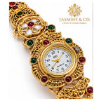 Jasmine & Co. Heritage Watch 15 – Gold-Plated Floral Multicolour Bracelet Watch – close-up detail