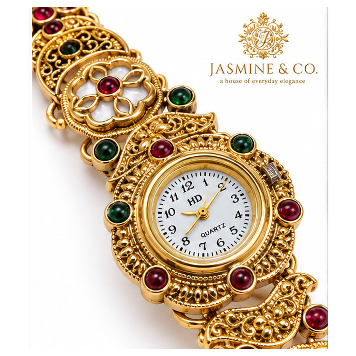 Jasmine & Co. Heritage Watch 15 – Gold-Plated Floral Multicolour Bracelet Watch – close-up detail