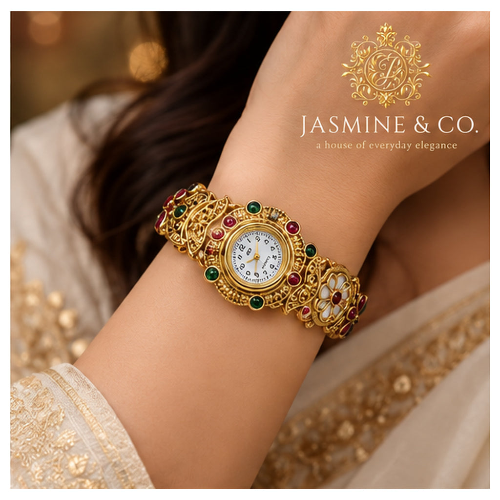 Jasmine & Co. Heritage Watch 15 – Gold-Plated Floral Multicolour Bracelet Watch – model wearing