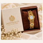 Jasmine & Co. Heritage Watch 15 – Gold-Plated Floral Multicolour Bracelet Watch – branded gift packaging