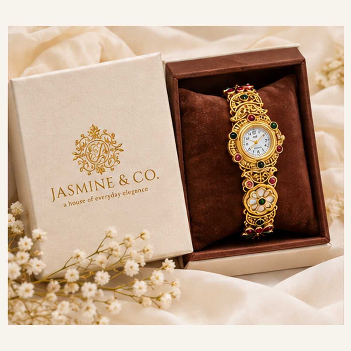 Jasmine & Co. Heritage Watch 15 – Gold-Plated Floral Multicolour Bracelet Watch – branded gift packaging