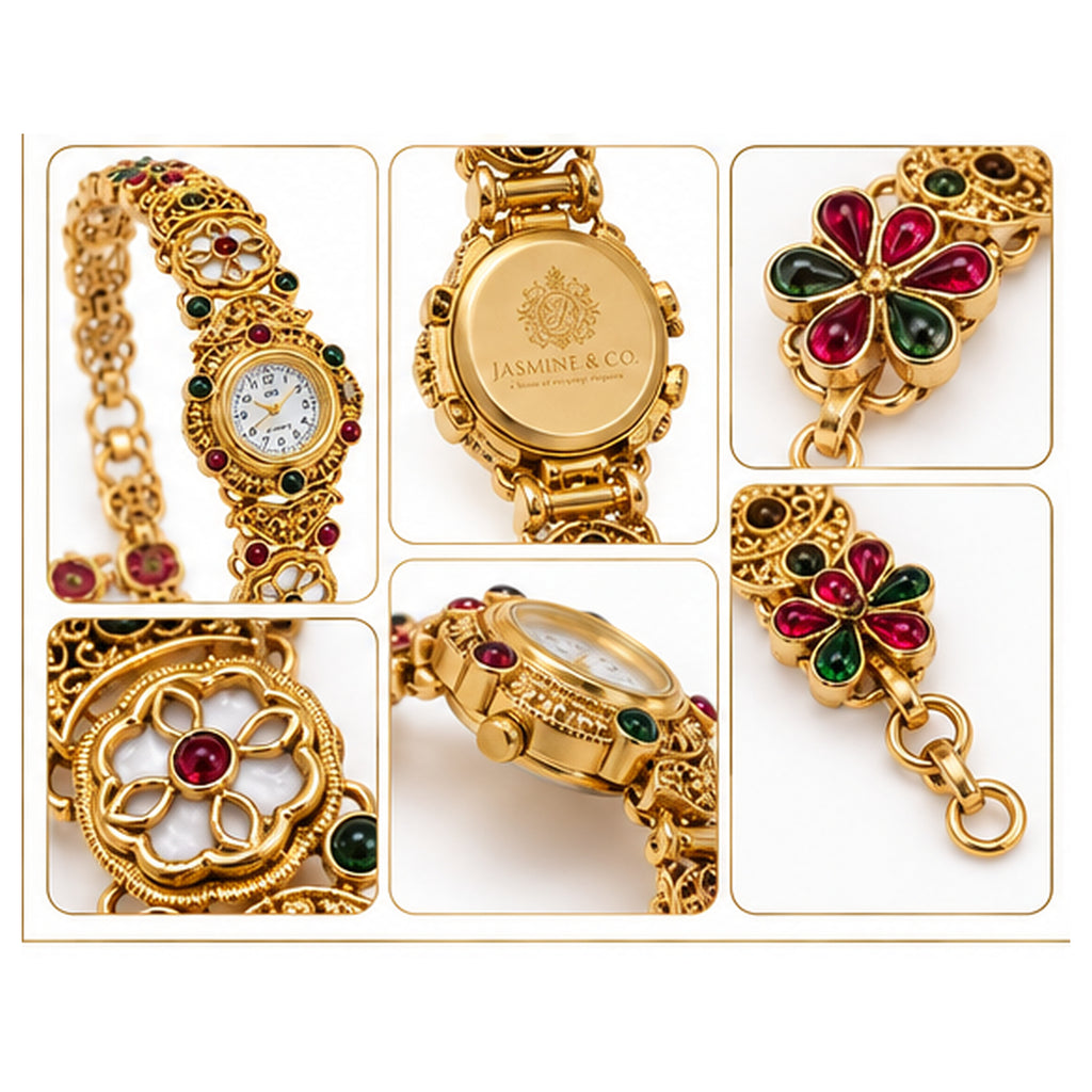 Jasmine & Co. Heritage Watch 15 – Gold-Plated Floral Multicolour Bracelet Watch – multi-angle collage
