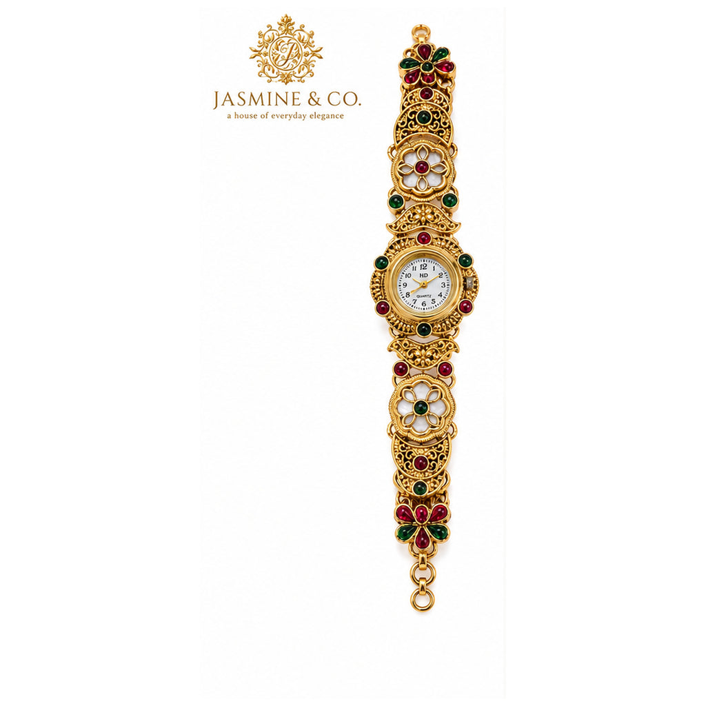 Jasmine & Co. Heritage Watch 15 – Gold-Plated Floral Multicolour Bracelet Watch – full length view