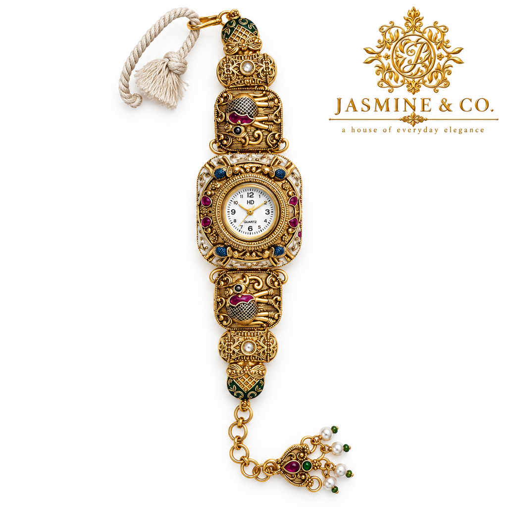 Jasmine & Co. Heritage Watch 16 – Gold-Plated Ornate Enamel Statement Bracelet Watch – front product