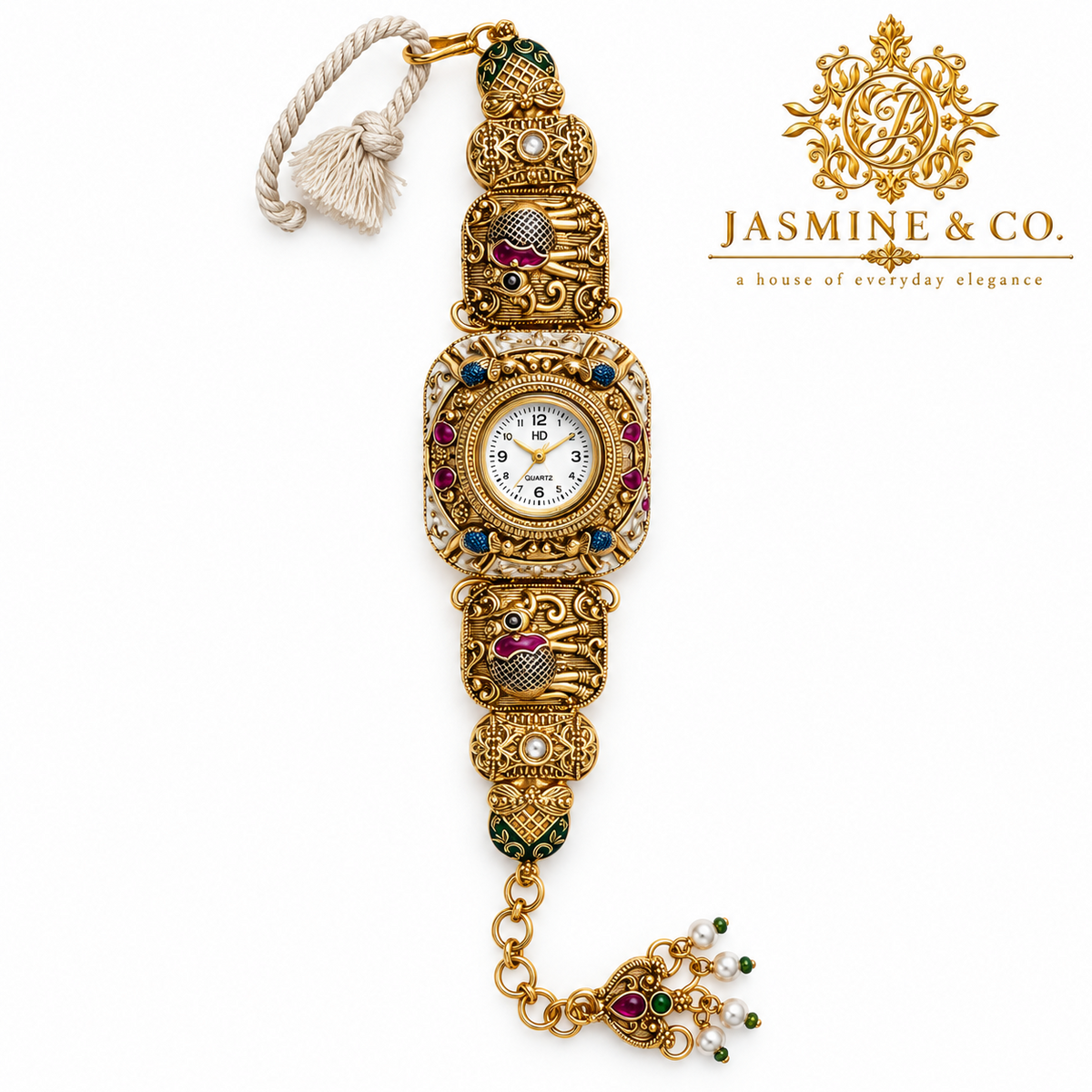 Jasmine & Co. Heritage Watch 16 – Gold-Plated Ornate Enamel Statement Bracelet Watch – front product