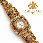 Jasmine & Co. Heritage Watch 16 – Gold-Plated Ornate Enamel Statement Bracelet Watch – close-up detail