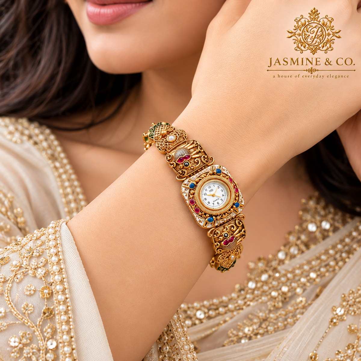 Jasmine & Co. Heritage Watch 16 – Gold-Plated Ornate Enamel Statement Bracelet Watch – model wearing