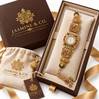 Jasmine & Co. Heritage Watch 16 – Gold-Plated Ornate Enamel Statement Bracelet Watch – branded gift packaging