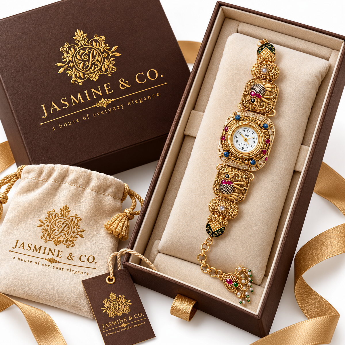 Jasmine & Co. Heritage Watch 16 – Gold-Plated Ornate Enamel Statement Bracelet Watch – branded gift packaging