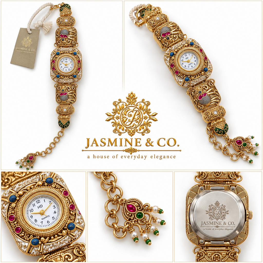 Jasmine & Co. Heritage Watch 16 – Gold-Plated Ornate Enamel Statement Bracelet Watch – multi-angle collage