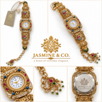 Jasmine & Co. Heritage Watch 16 – Gold-Plated Ornate Enamel Statement Bracelet Watch – multi-angle collage