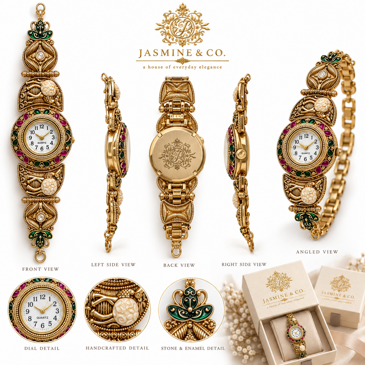 Jasmine & Co. Heritage Watch 17 multi-angle front and back views