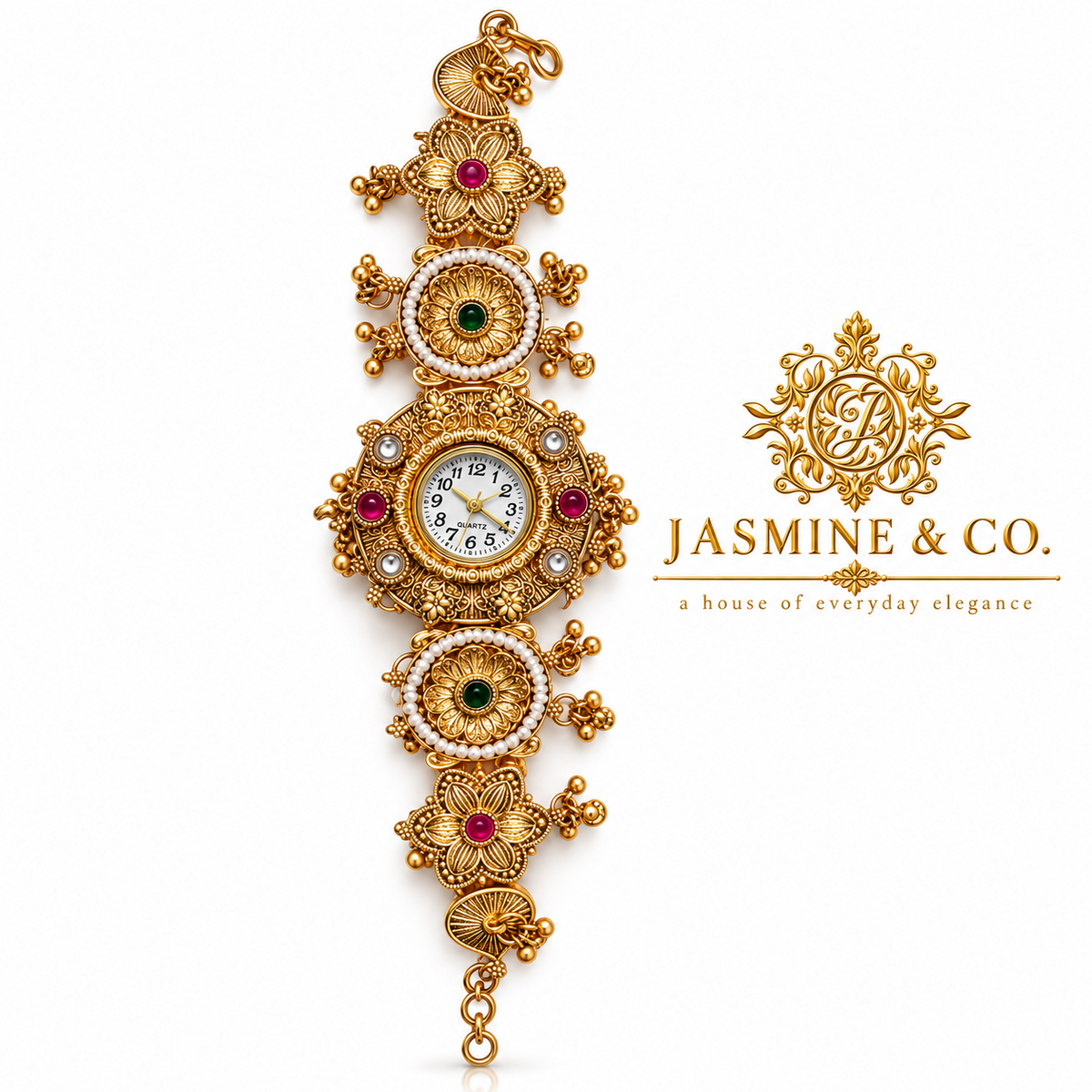 Jasmine & Co. Heritage Watch 18 – Gold-Plated Floral Pearl-Style Bracelet Watch – front product