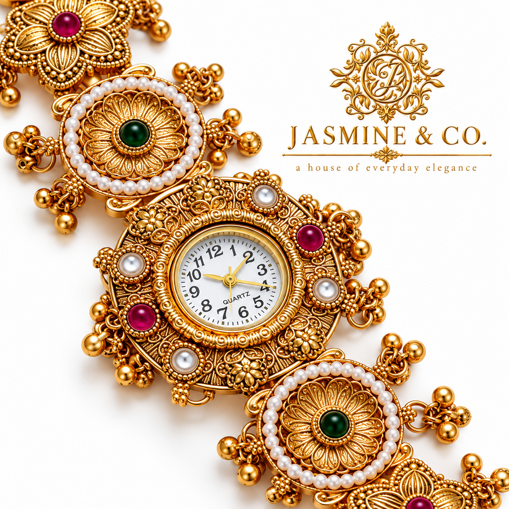 Jasmine & Co. Heritage Watch 18 – Gold-Plated Floral Pearl-Style Bracelet Watch – close-up detail