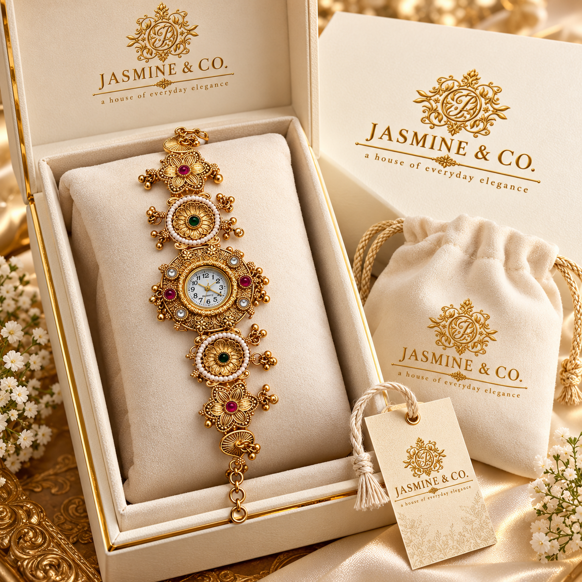 Jasmine & Co. Heritage Watch 18 – Gold-Plated Floral Pearl-Style Bracelet Watch – branded gift packaging
