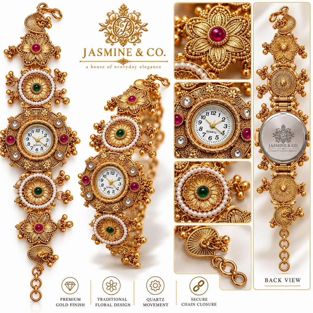 Jasmine & Co. Heritage Watch 18 – Gold-Plated Floral Pearl-Style Bracelet Watch – multi-angle collage