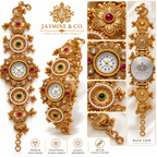 Jasmine & Co. Heritage Watch 18 – Gold-Plated Floral Pearl-Style Bracelet Watch – multi-angle collage