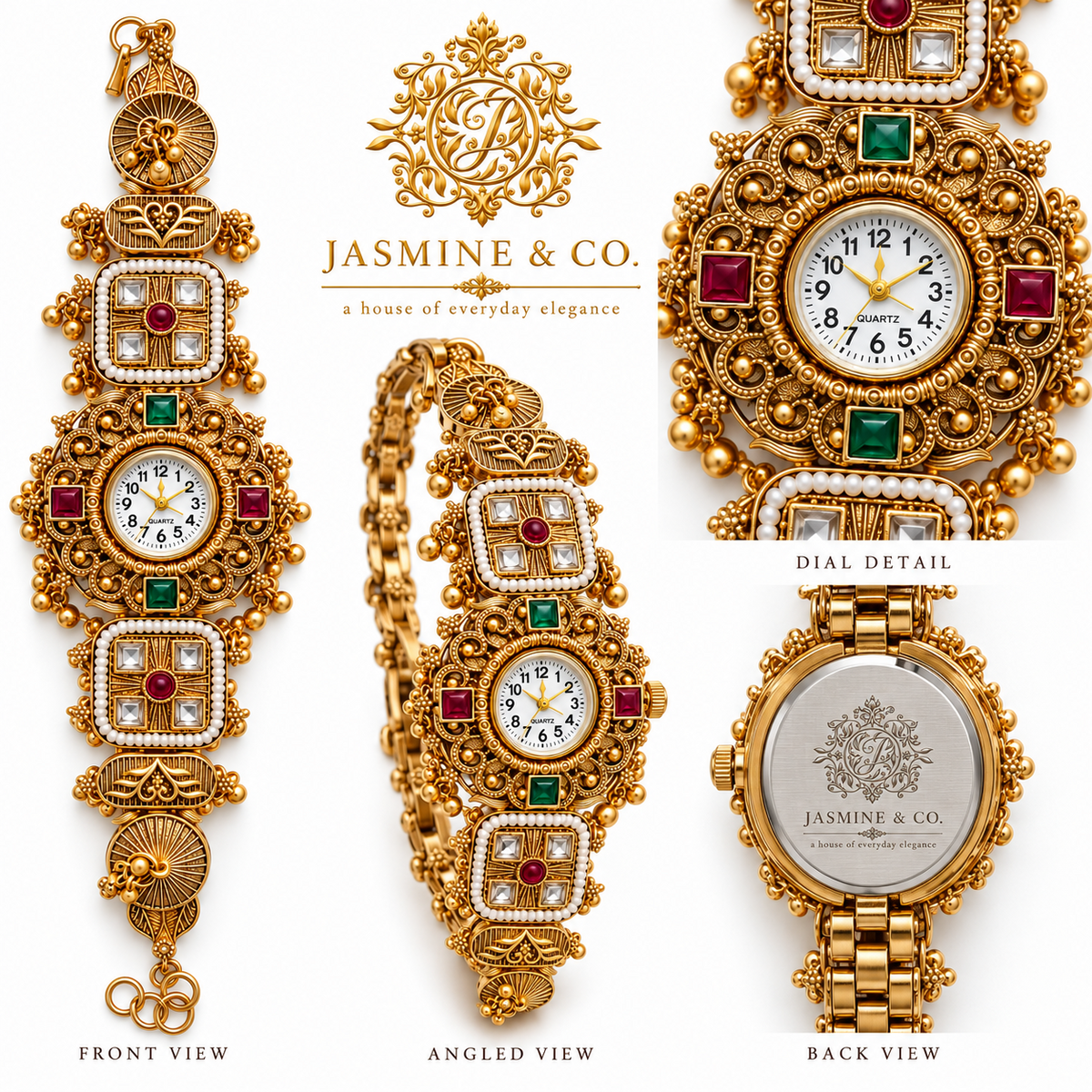 Jasmine & Co. Heritage Watch 19 multi-angle front and back views