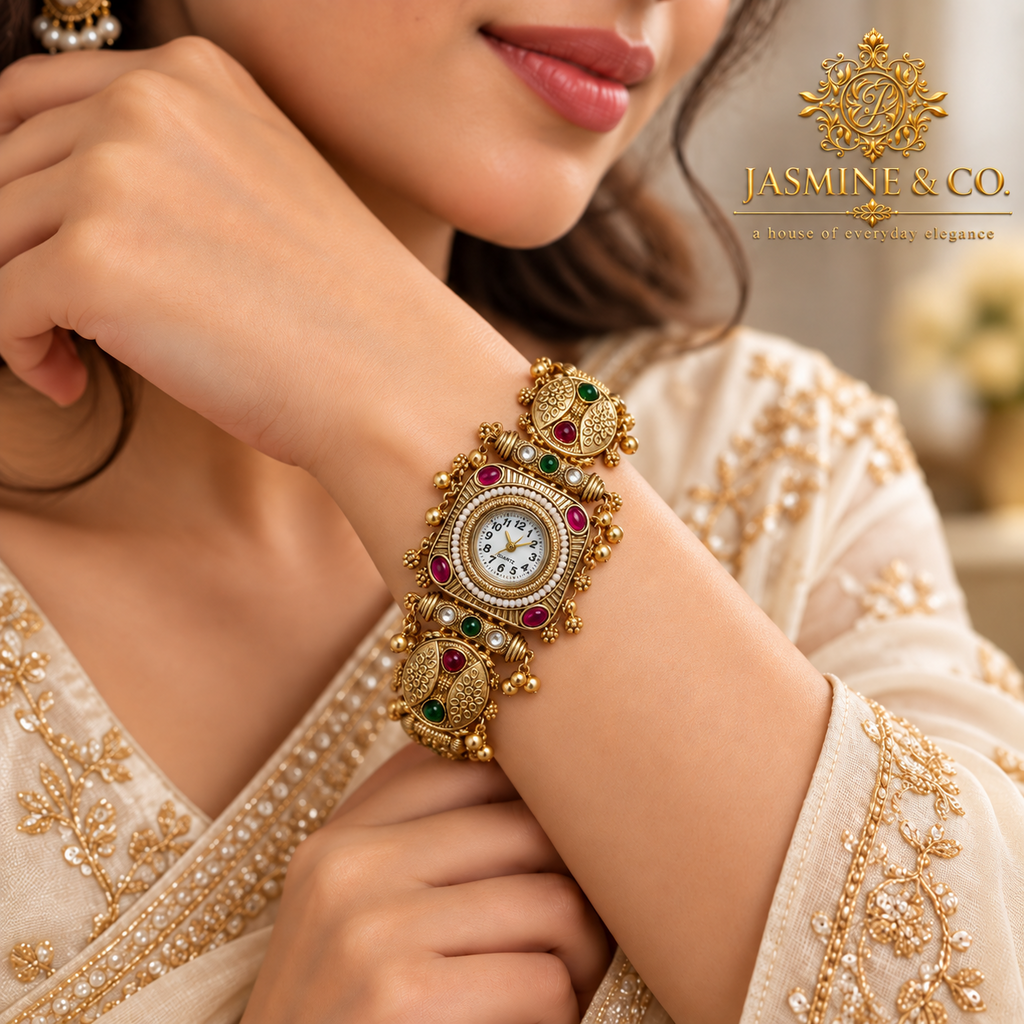 Jasmine & Co. Heritage Watch 22 – Gold-Plated Pearl-Style Statement Bracelet Watch – model wearing on wrist