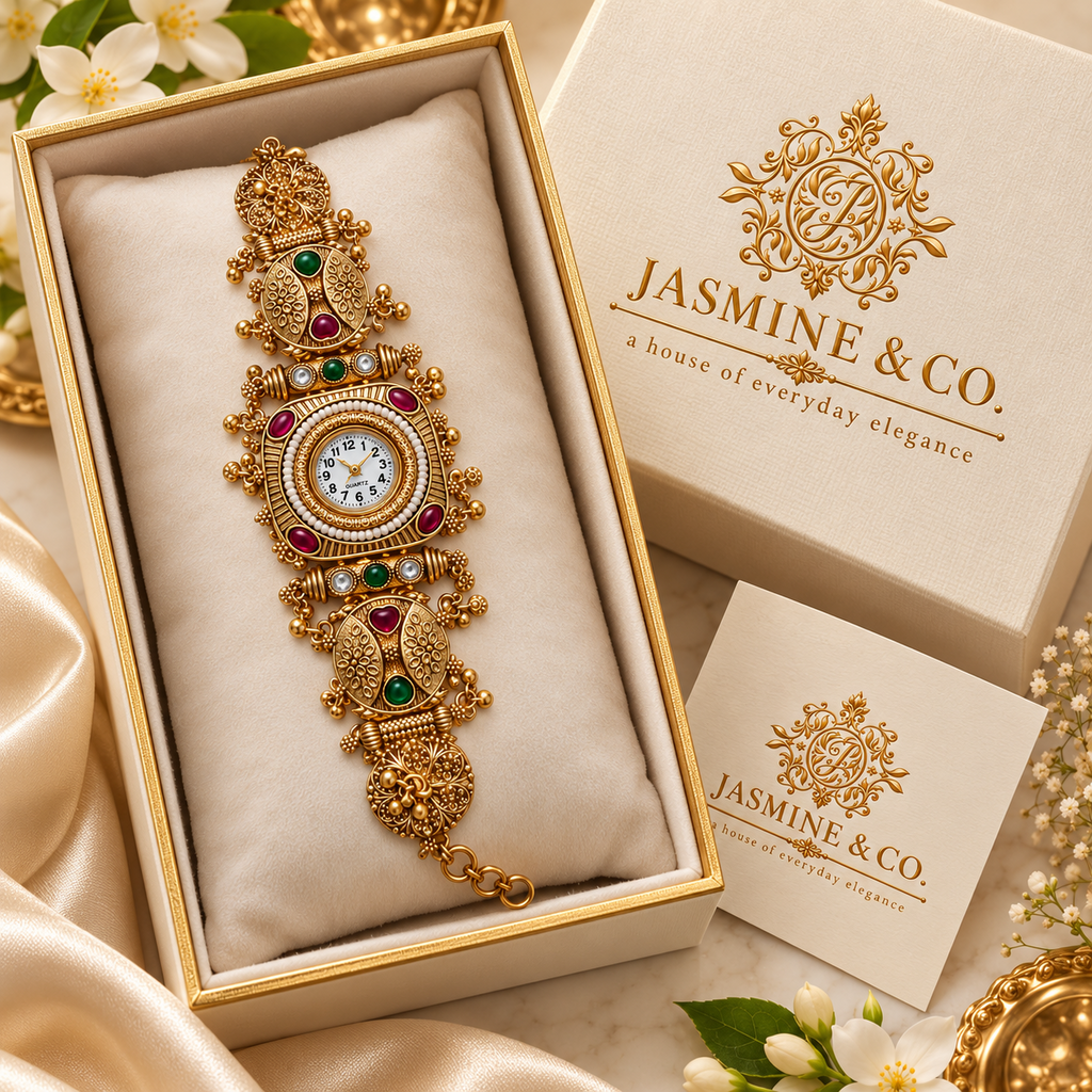 Jasmine & Co. Heritage Watch 22 – Gold-Plated Pearl-Style Statement Bracelet Watch – gift packaging