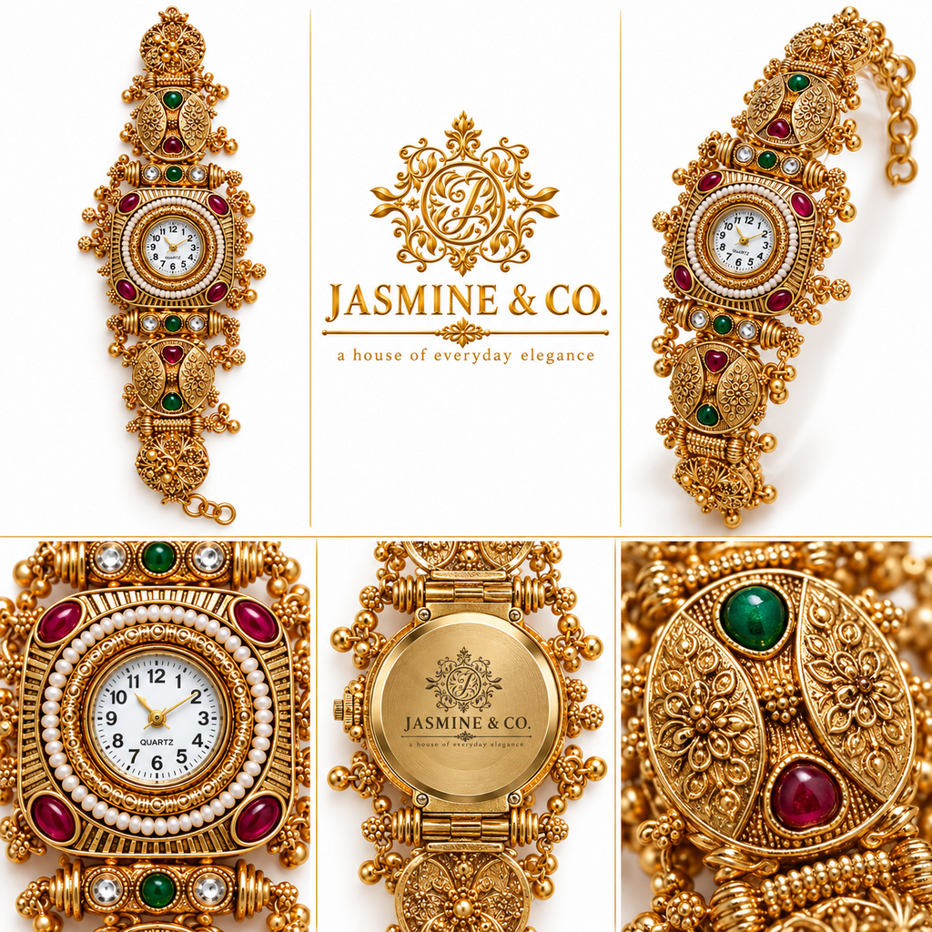 Jasmine & Co. Heritage Watch 22 – Gold-Plated Pearl-Style Statement Bracelet Watch – multi-angle views