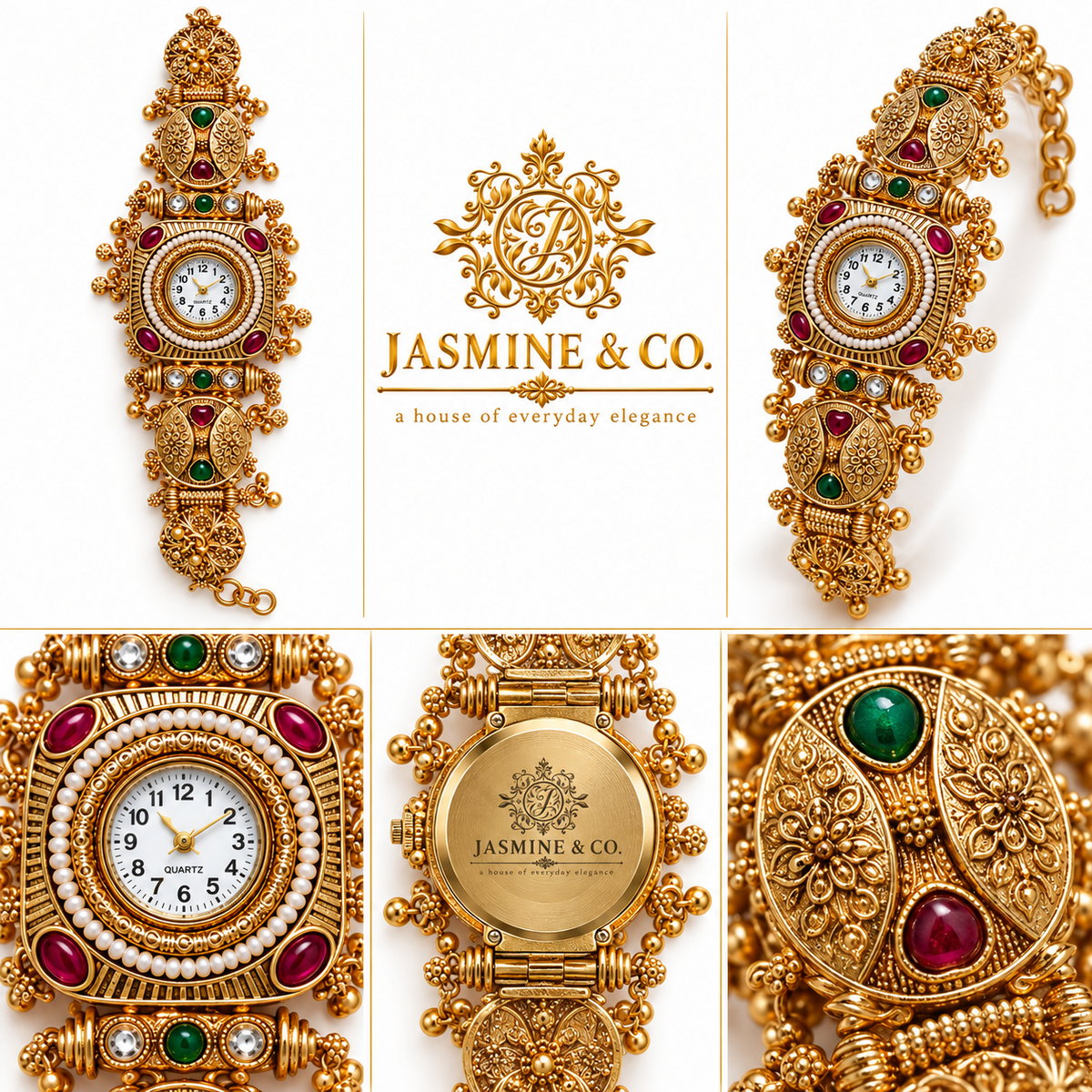 Jasmine & Co. Heritage Watch 22 – Gold-Plated Pearl-Style Statement Bracelet Watch – multi-angle views