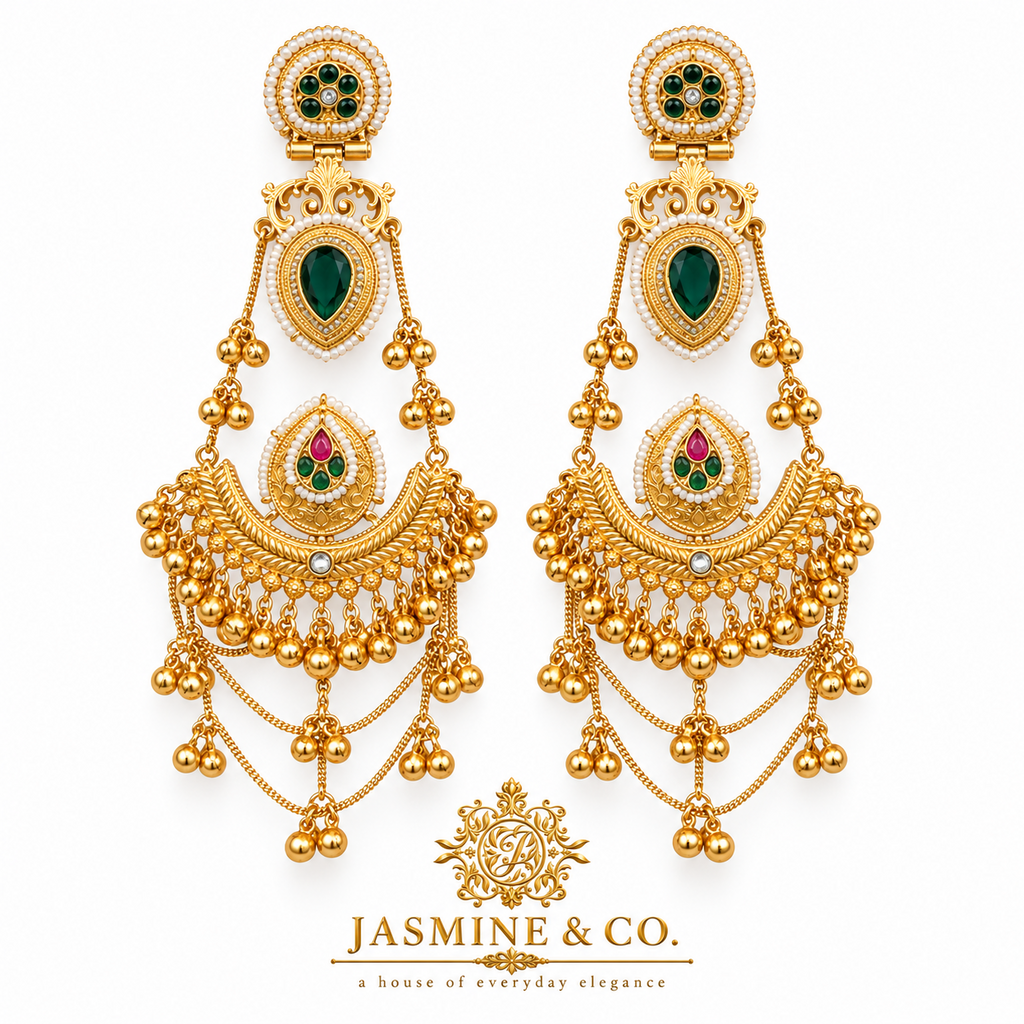 Traditional Kashmiri Long Jhumka-Style Earrings – Dark Green Stone