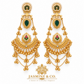 Traditional Kashmiri Long Jhumka-Style Earrings – Dark Green Stone