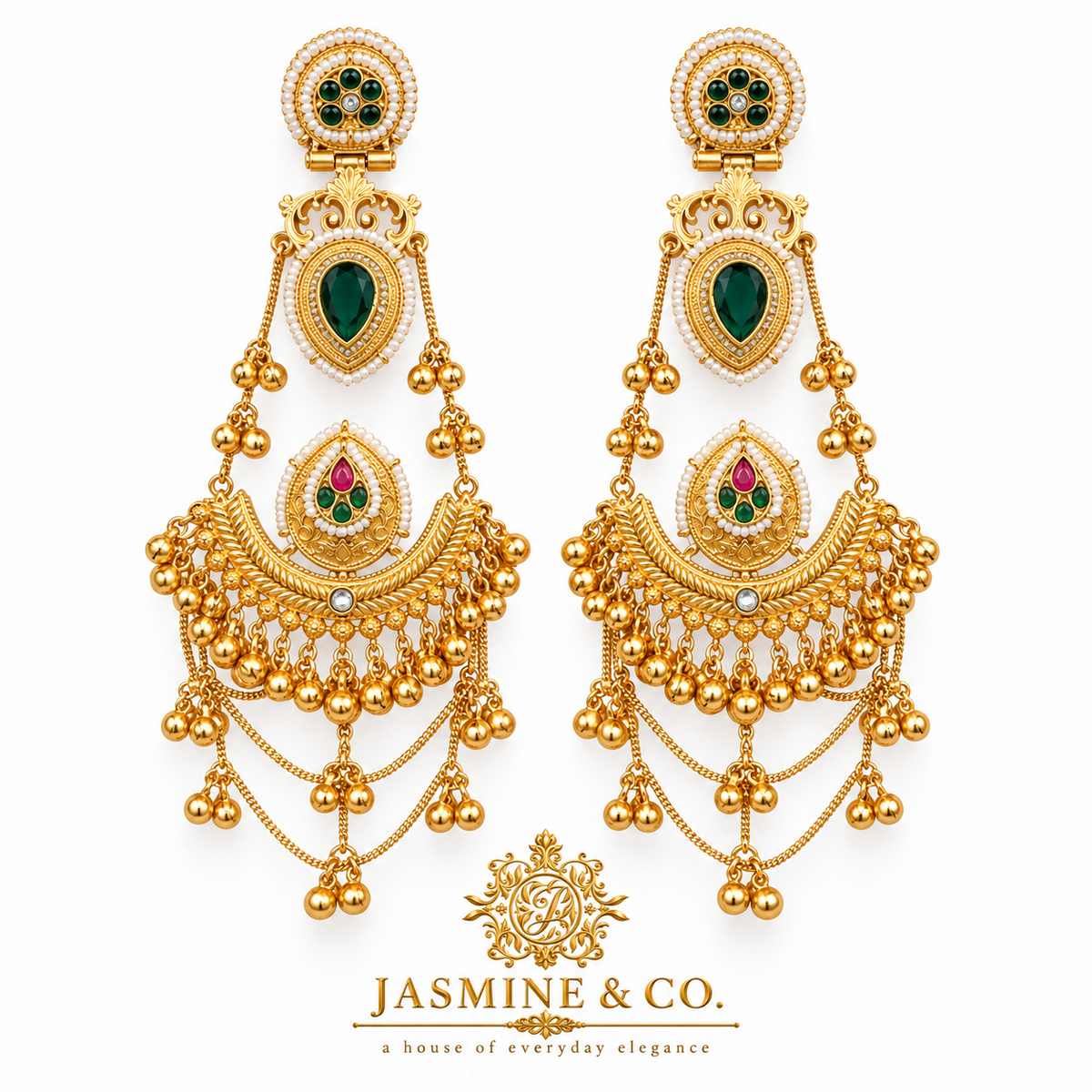Traditional Kashmiri Long Jhumka-Style Earrings – Dark Green Stone