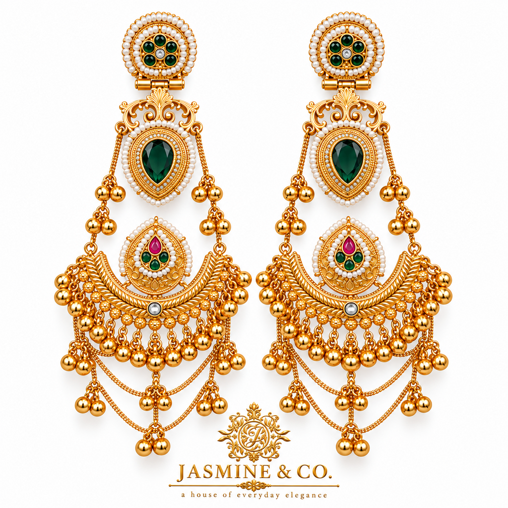 Traditional Kashmiri Long Jhumka-Style Earrings – Dark Green Stone